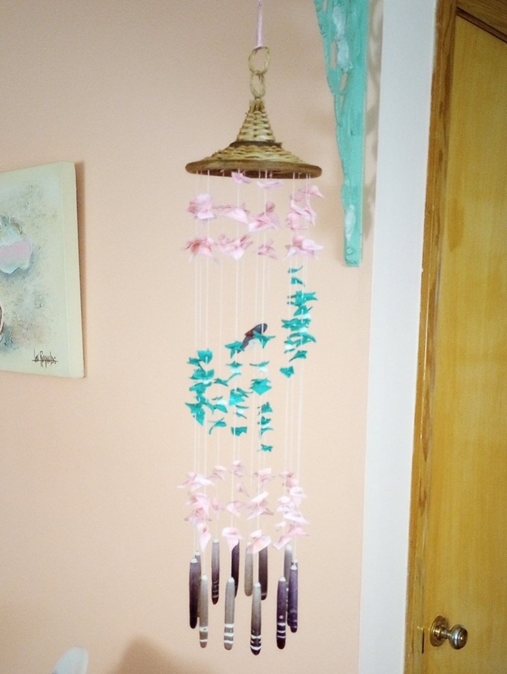 Handmade Wind Chime - Pink & Teal Features Tiny Bird